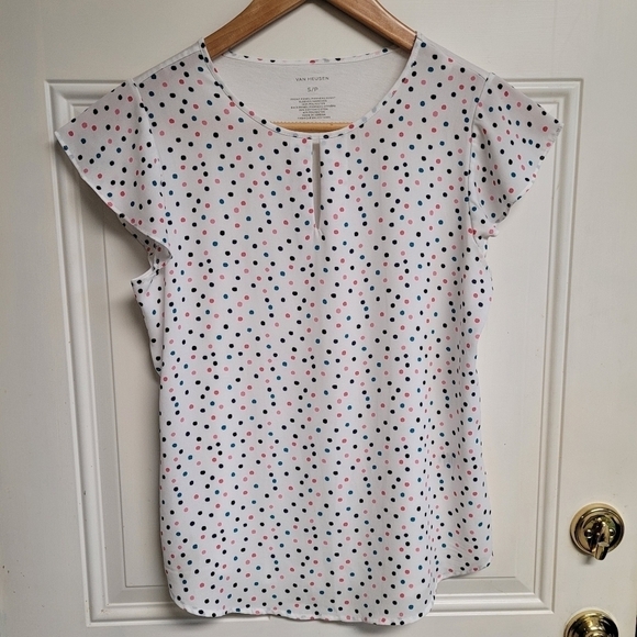 Van Heusen White Multicolor Polka Dot Cap Sleeve Blouse Size Small - Picture 6 of 6